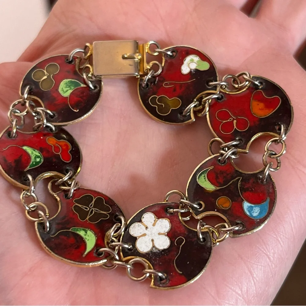 Vintage 60 70 Bohemian Red Enameled Double link made in Taiwan Mod MCM Bracelet - Picture 9 of 16